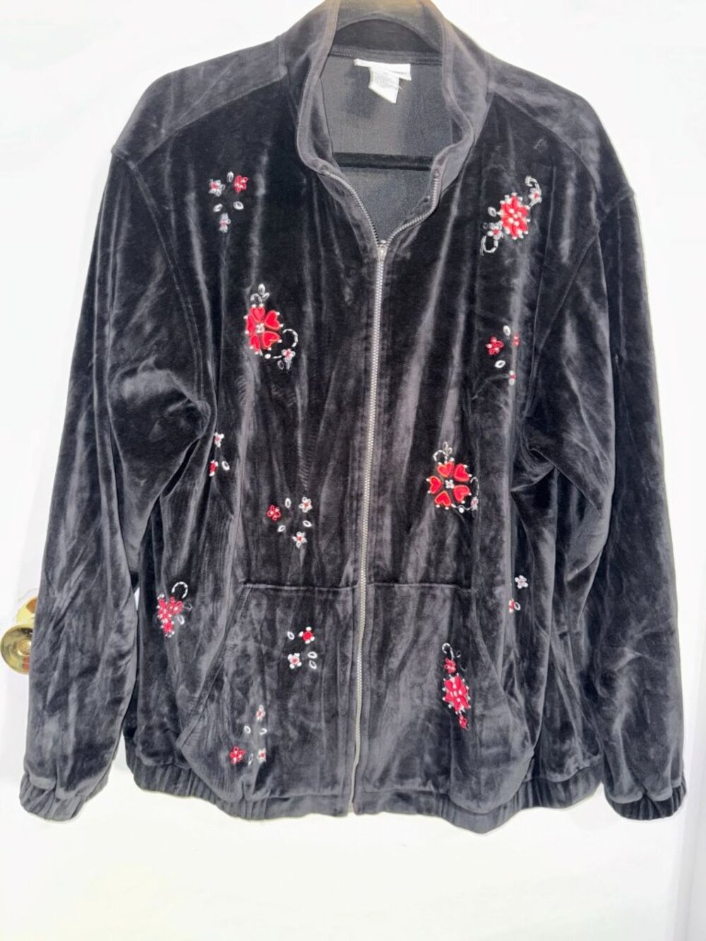 Alfred Dunner Black Floral Embroidered Zip-Up Jacket Womens Size 16 Cotton/Polye